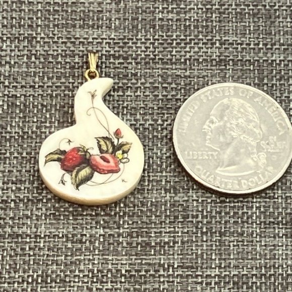 Scrimshaw Strawberry Pendant Swirl Gold Ivory Red Green Black Hand Painted